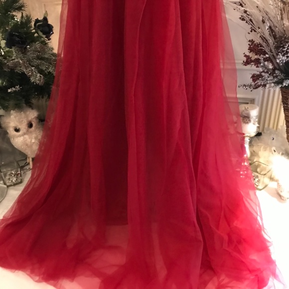 Sale 🎄Formal evening Red tulle with 3/4 sleeves Holiday dress - Picture 3 of 8